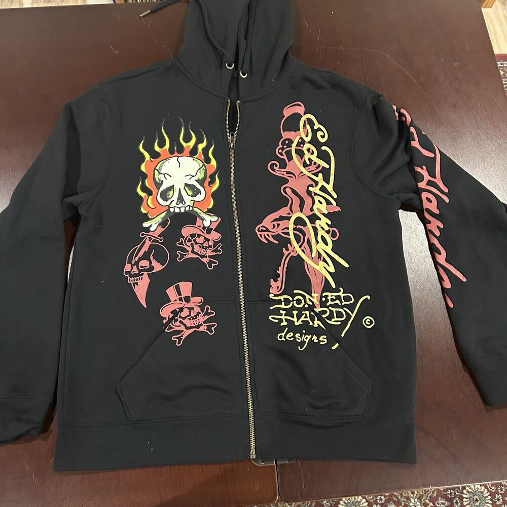 Ed Hardy Full Zip Black Flame Skull Hoodie Sz M Excellent Used Condition